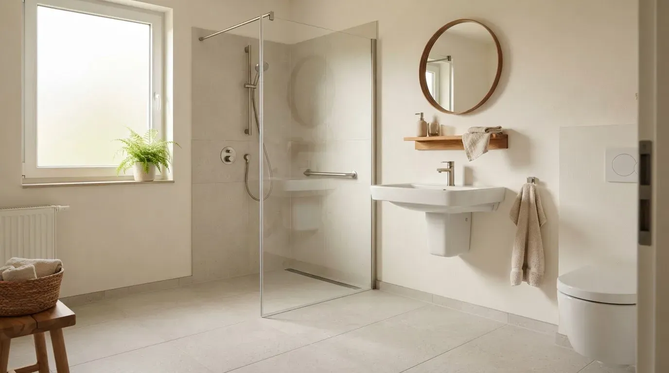 Barrierefreies Bad mit bodengleicher Dusche und Haltegriff (Platzhalterbild)