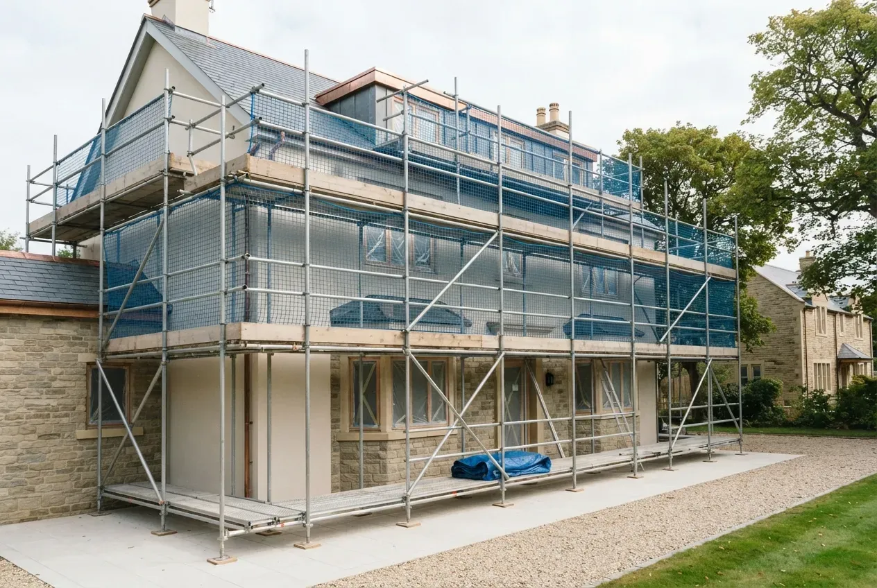 Baugerüst an einer Hausfassade während laufender Sanierungsarbeiten (Platzhalterbild)