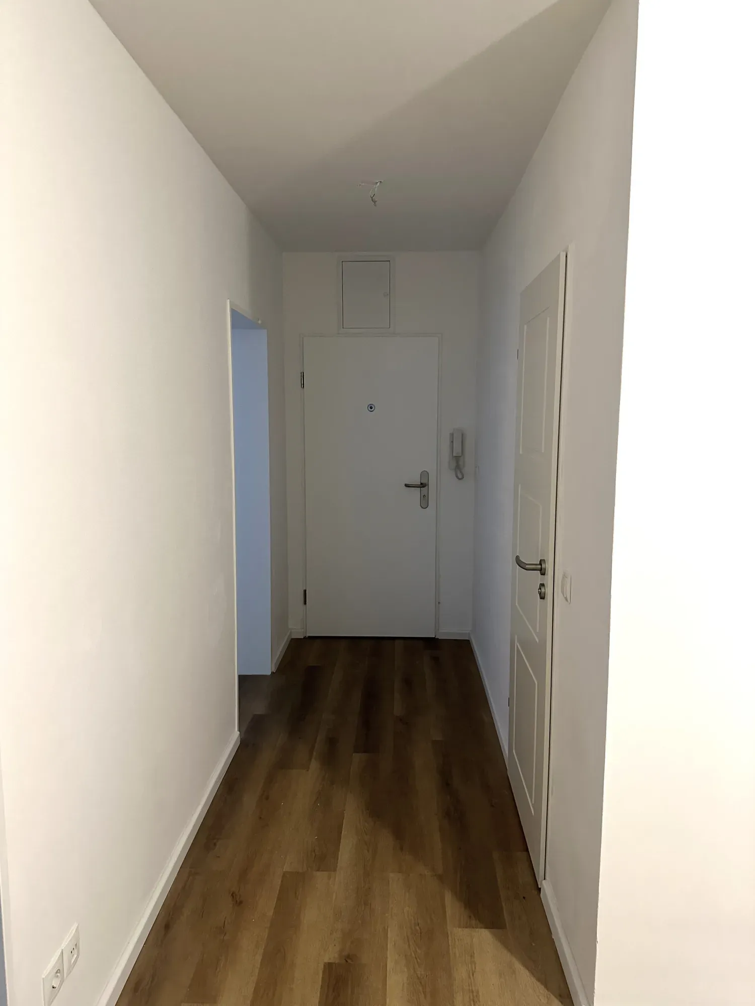 Flur mit neuem Vinylboden in Holzoptik, Blick auf die Wohnungstür