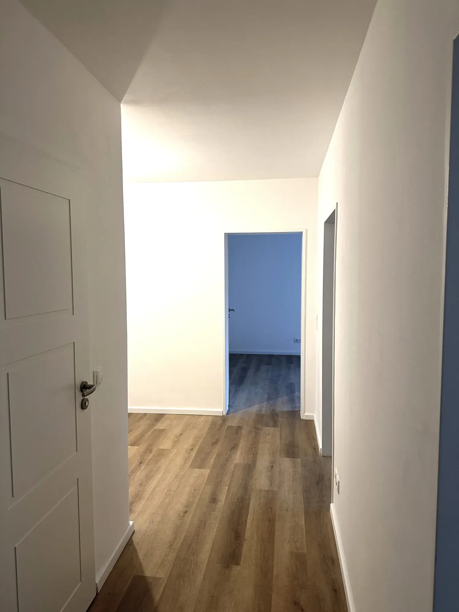 Flur mit neuem Vinylboden und weißen Innentüren, Blick in einen angrenzenden Raum