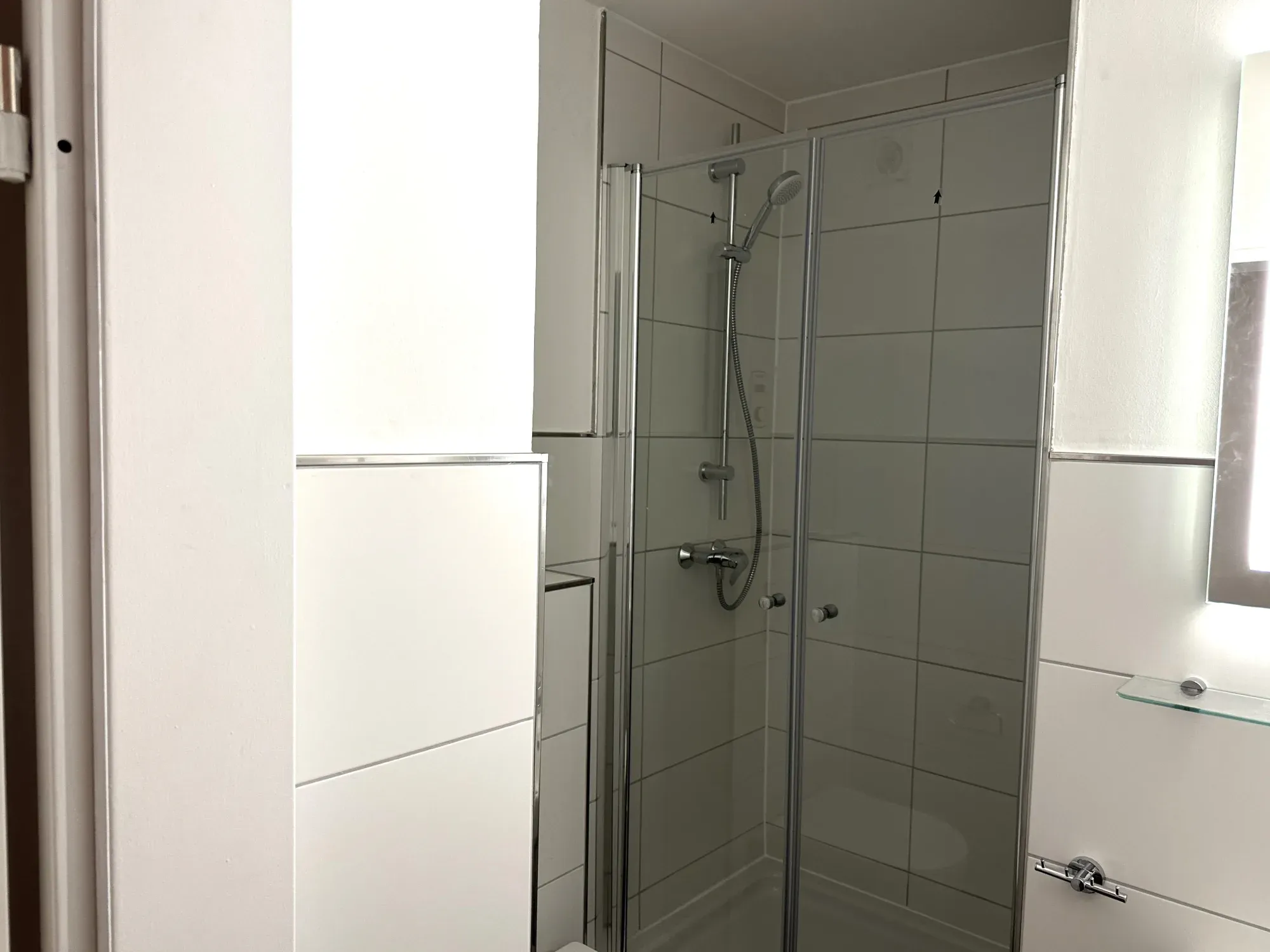 Dusche mit Glasabtrennung und hellen Wandfliesen im Gäste-WC